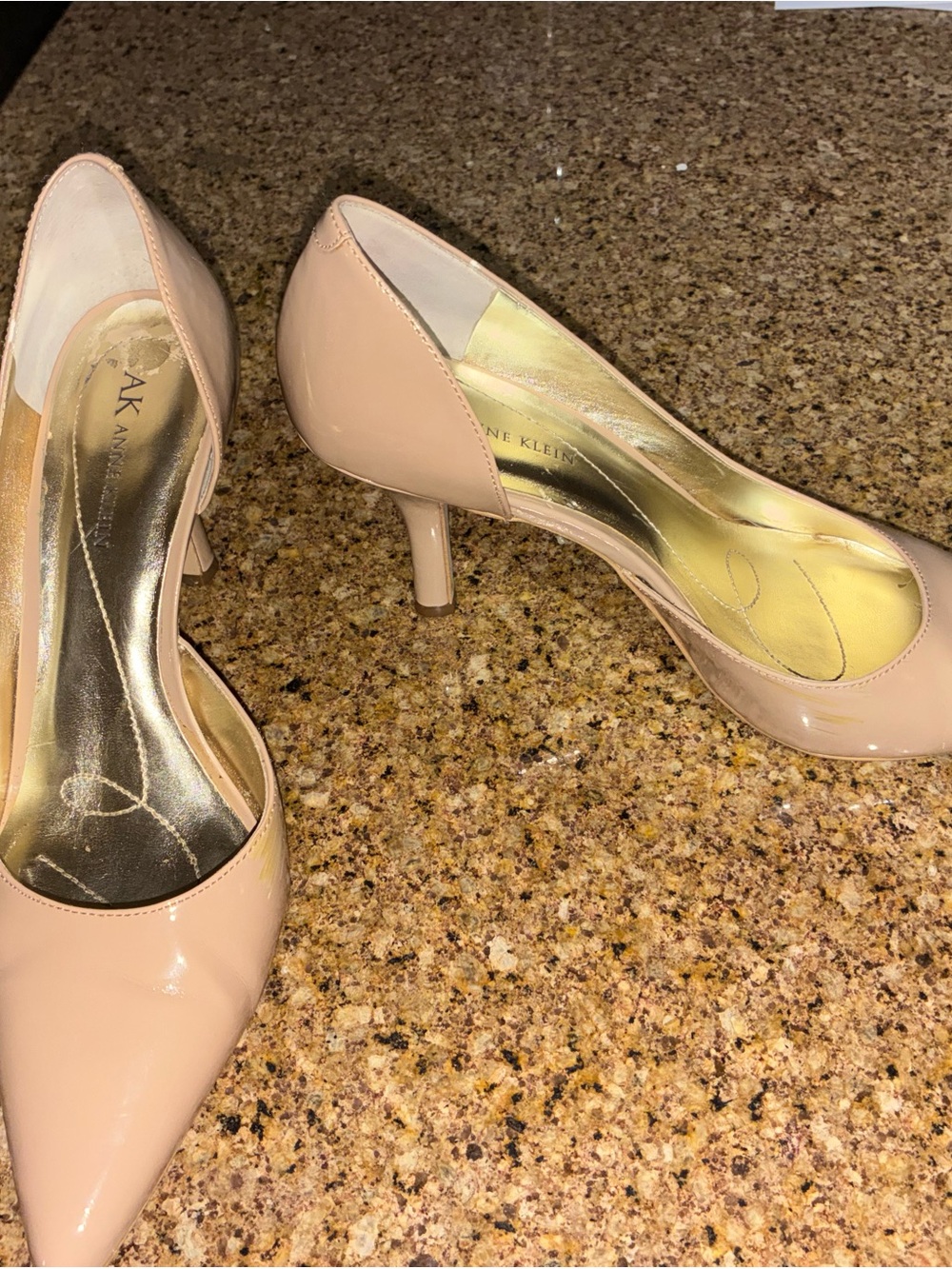 AK Anne Klein taupe patent pointy toe heels